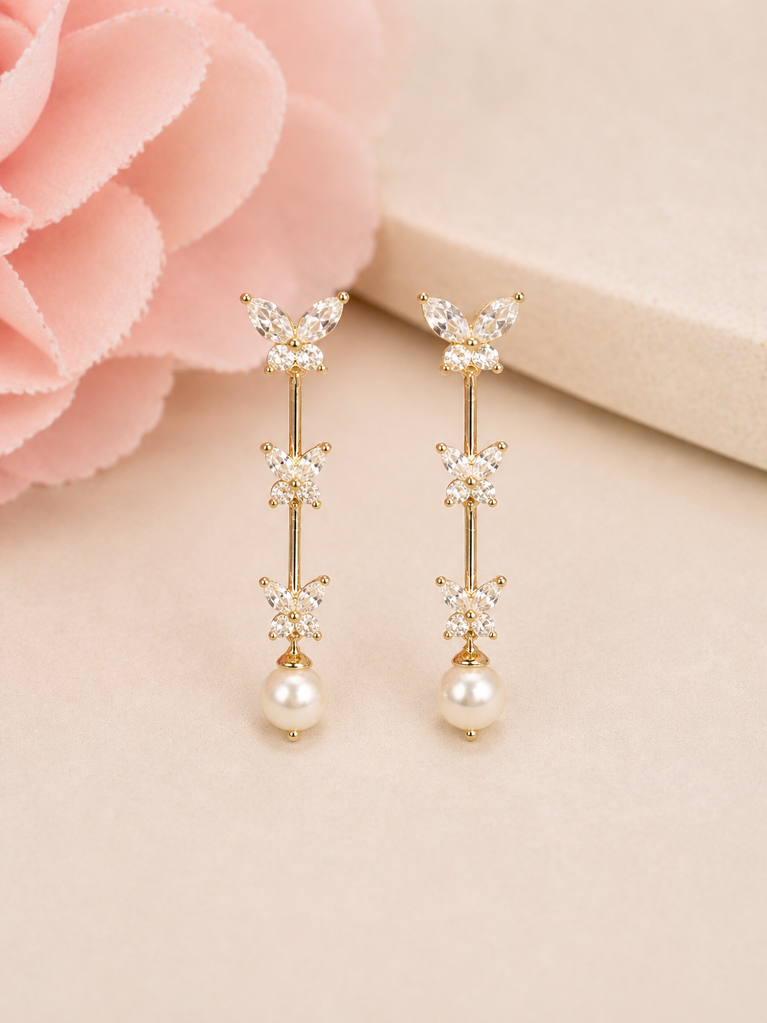 gold plated silver earrings with cubic zirconia and fresh water pearl